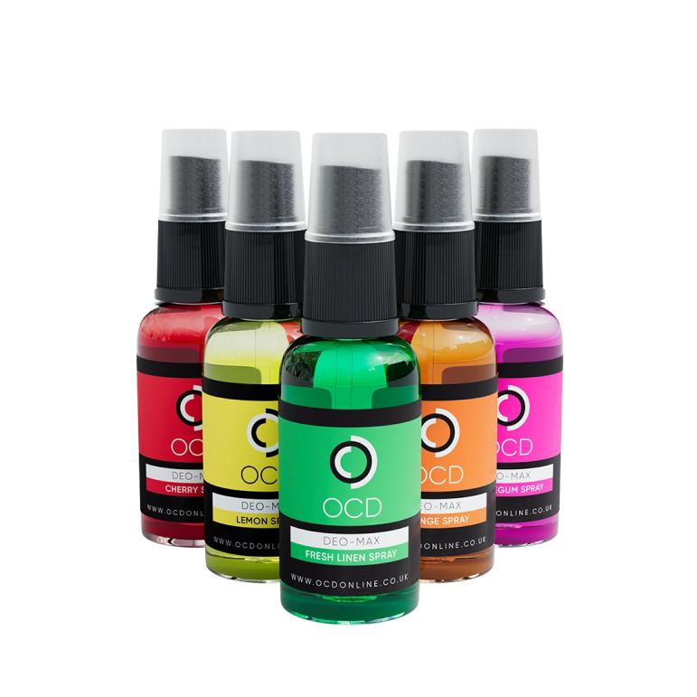 Set of five colorful OCD spray bottles on a white background