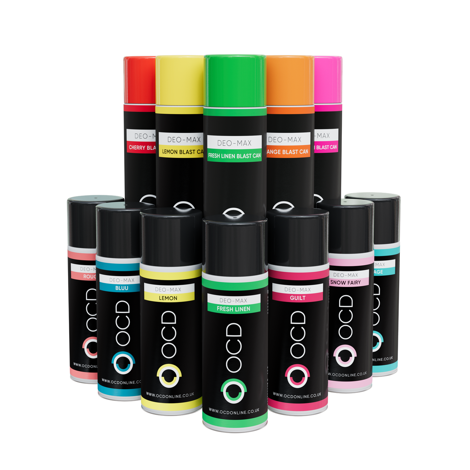 Assorted OCD spray cans with colorful labels on a white background